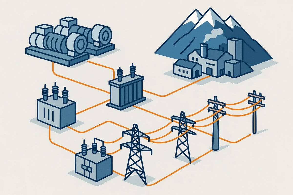 Схема системы электроснабжения горнодобывающего комплекса с генераторами и трансформаторными подстанциями