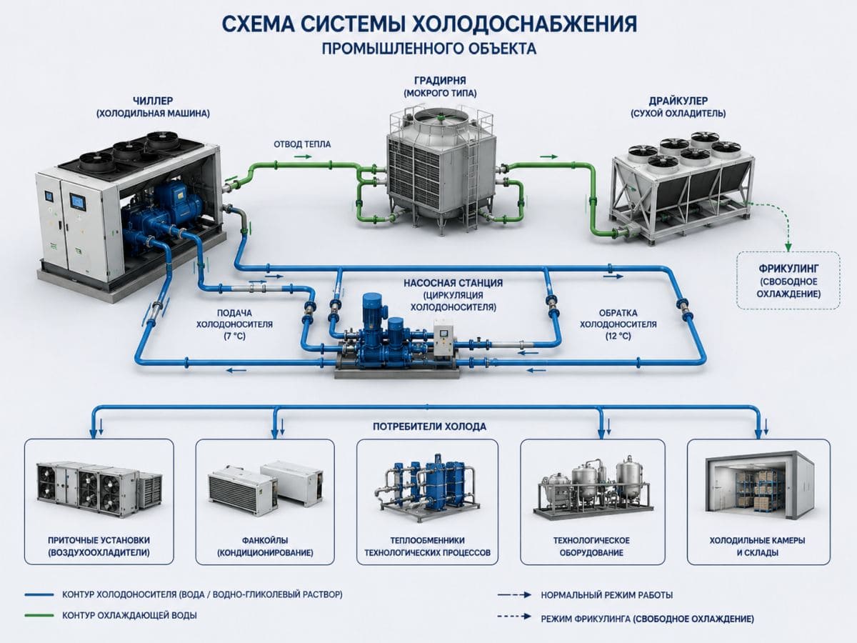 Оборудование промышленной системы холодоснабжения с чиллером и градирней