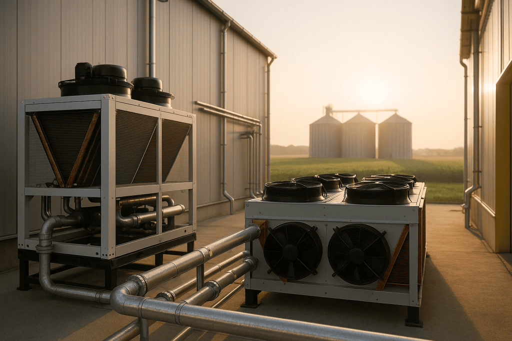 Чиллер с драйкулером и фанкойлами на агропредприятии для точного температурного контроля Чиллер с драйкулером и фанкойлами на агропредприятии для точного температурного контроля