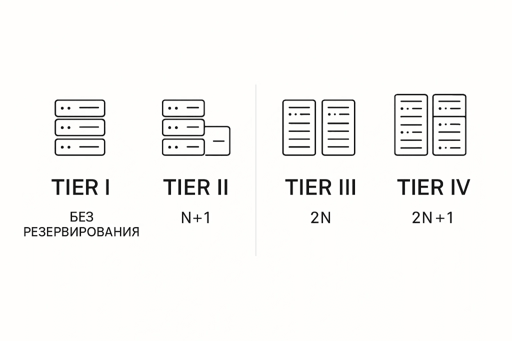 Инфографика уровней отказоустойчивости дата-центров Tier I–IV